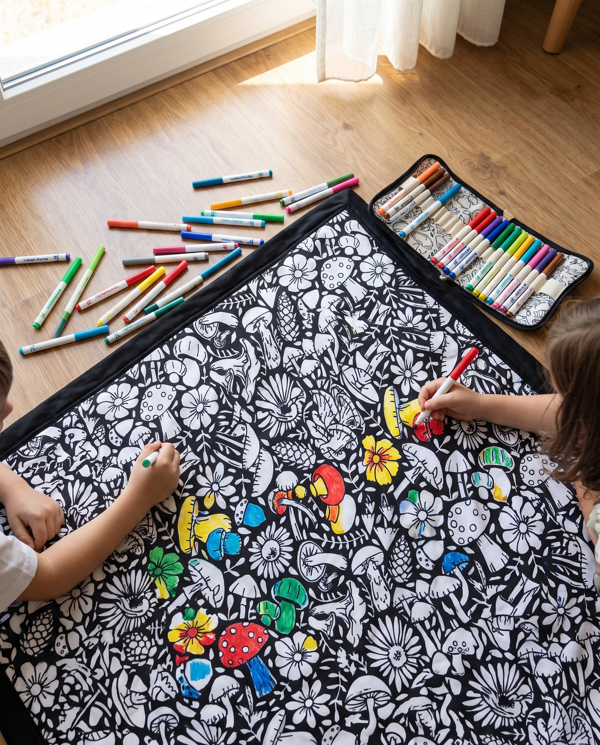 Manos de niños coloreando la manta Matizla con rotuladores de colores
